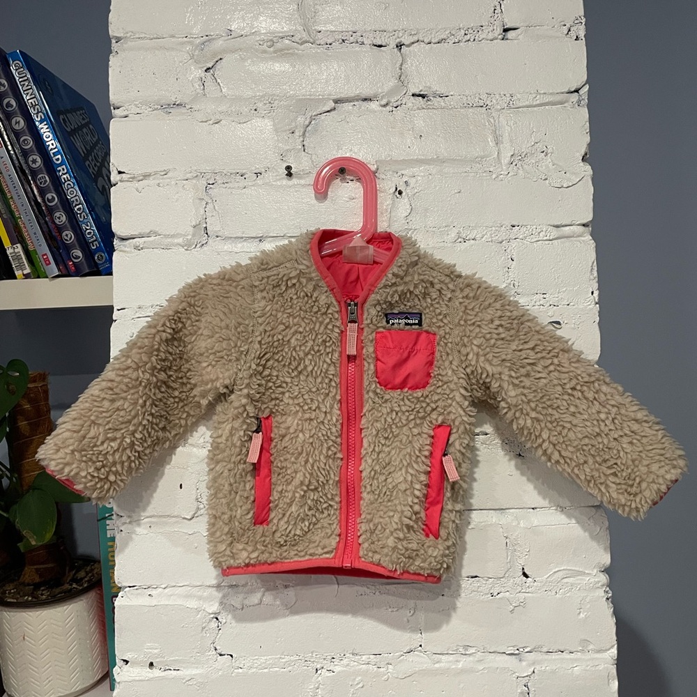 Patagonia Kids Tan Sherpa Jacket with Pink Trim